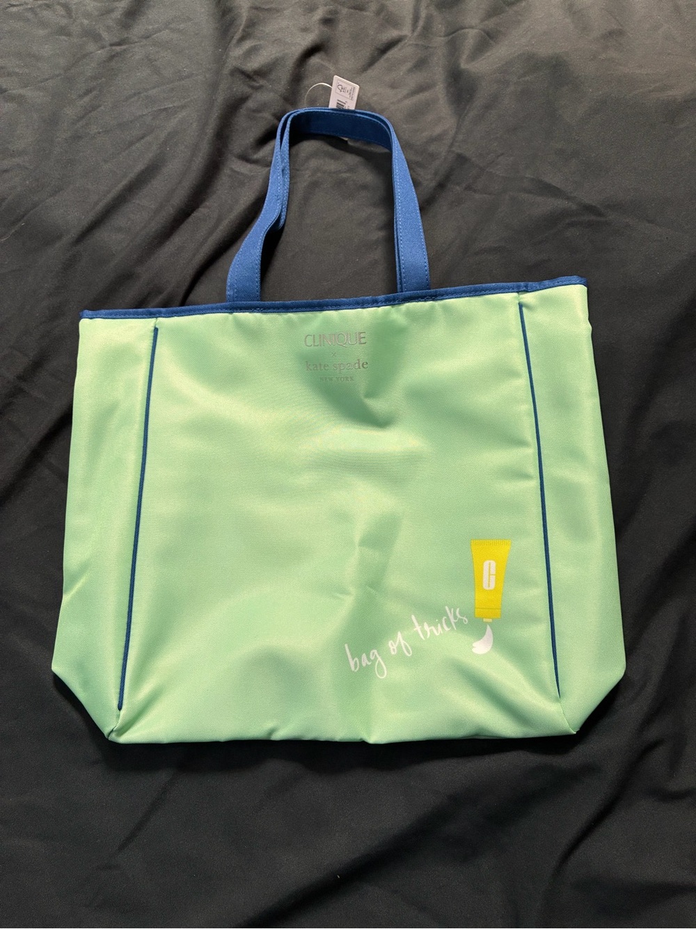 Clinique / Kate Spade Mint Green Tote with Blue Handles and Cosmetic Motif - Picture 5 of 5